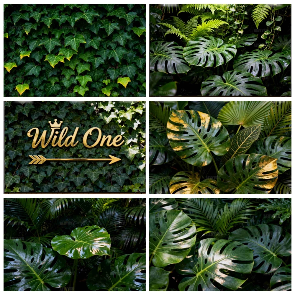 

Wild One Jungle Theme Birthday Backdrop with Monstera Leaves and Gold Crown for Baby Shower Photography Background Props