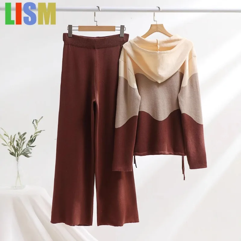 

LISM Pants sets Sports Knitted Women's Set with Contrast Drawstring Hoodie for Slimming and Straight Leg Pants, Stylish Set