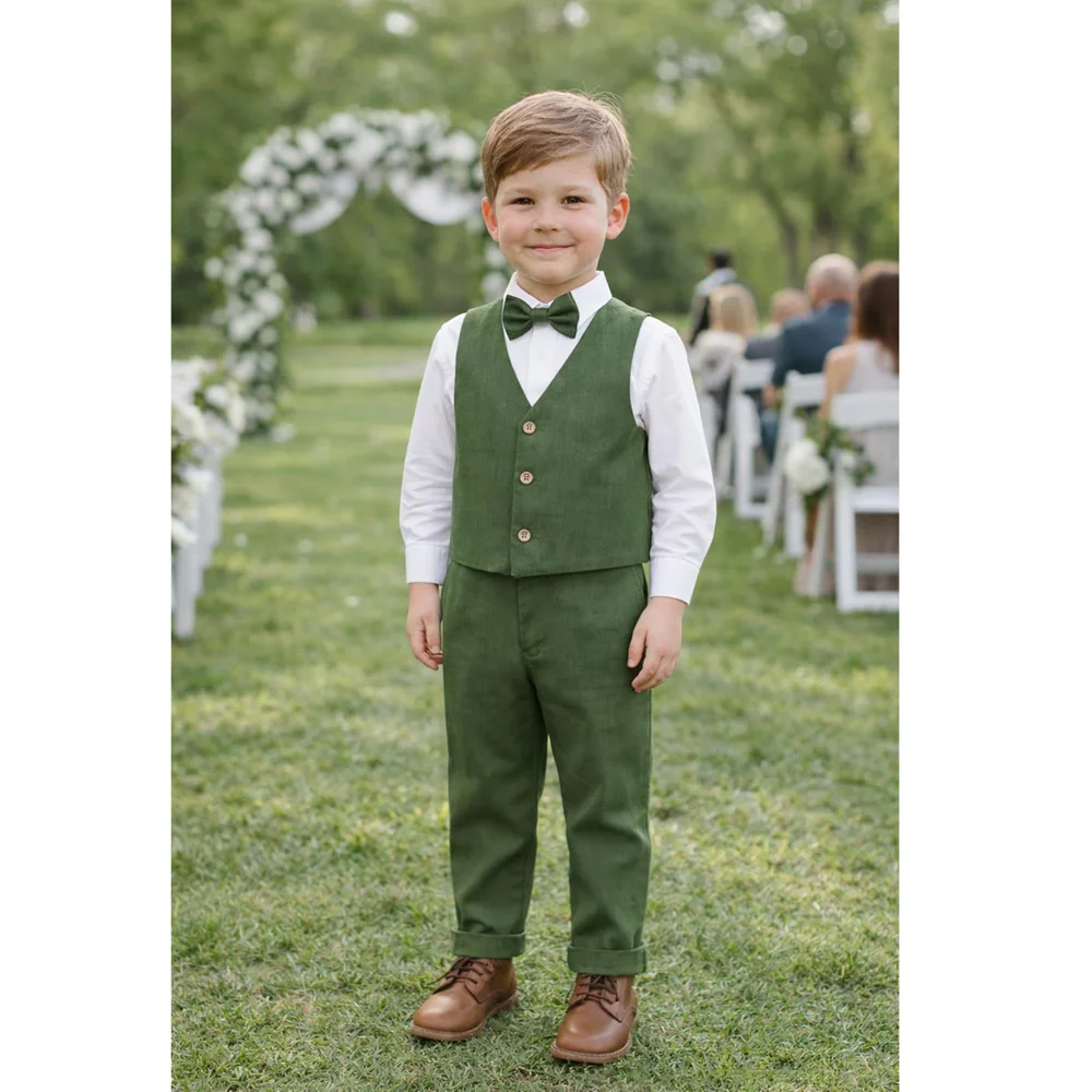 Chic Linen 3 Piece Boys Suit Jacket Vest Pants Kids Tuxedo Outfit For Summer Beach Wedding Birthday Graduation Party Photoshoot