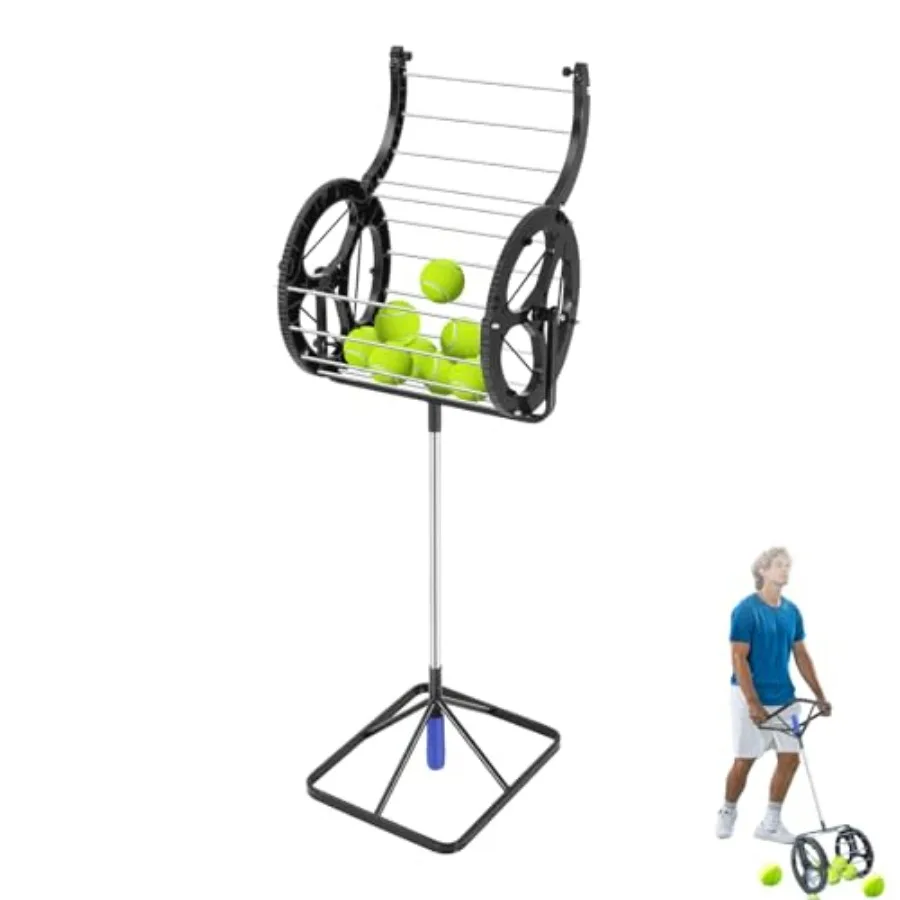 

Tennis training ball retriever with basket roller hopper, adjustable height handle, durable plastic construction, black and yel