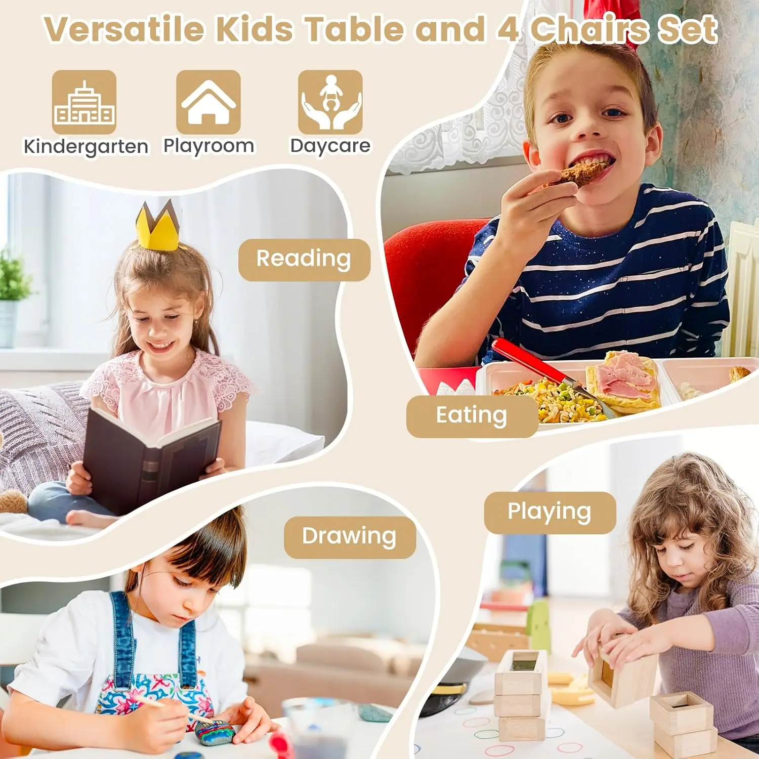 Kids Table and Chair Set, Bentwood Toddler Round Table and 4 Chairs for Craft Art, Building Block, 5-Piece Children Furniture Se