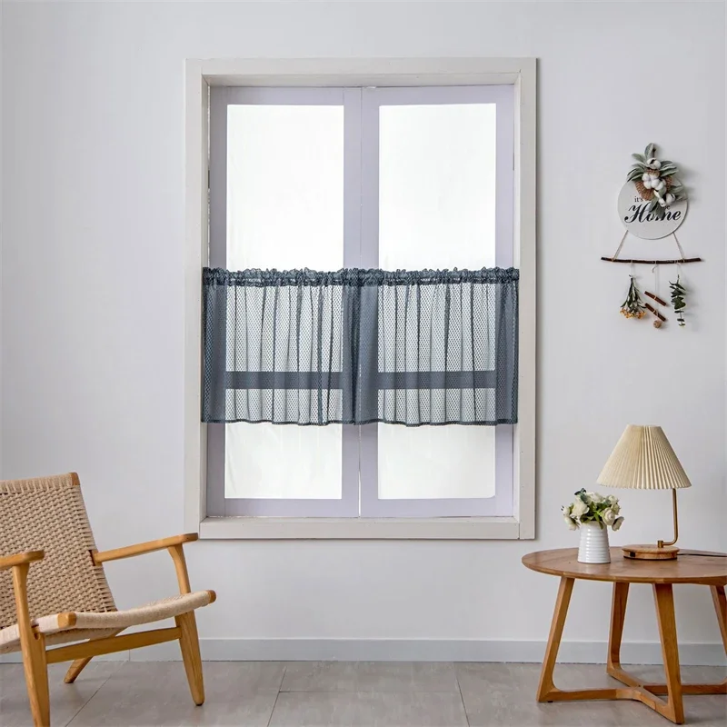 Modern Diamond Mesh Hollow Out Tulle Kitchen Short Sheer Blue Curtains Special Rod Pocket Living Room Door Window Balcony Drapes