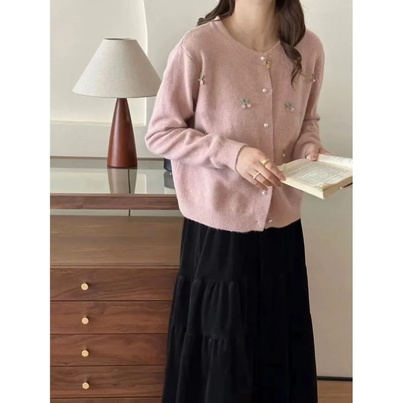 Sweet Solid Color Knitting Cardigan Coat Women Autumn Winter O-neck Long Sleeve Sweater All-match Preppy Style Knitwear Tops