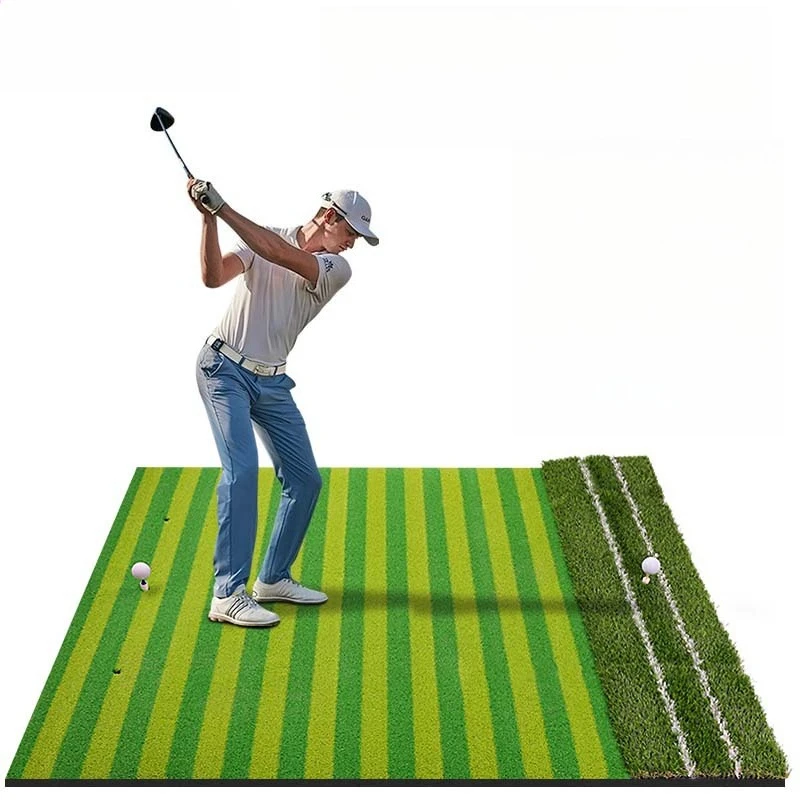 Striped Double Grass Plus White Line Golf Strike Mat, Outdoor Swing Practice Golf Mat