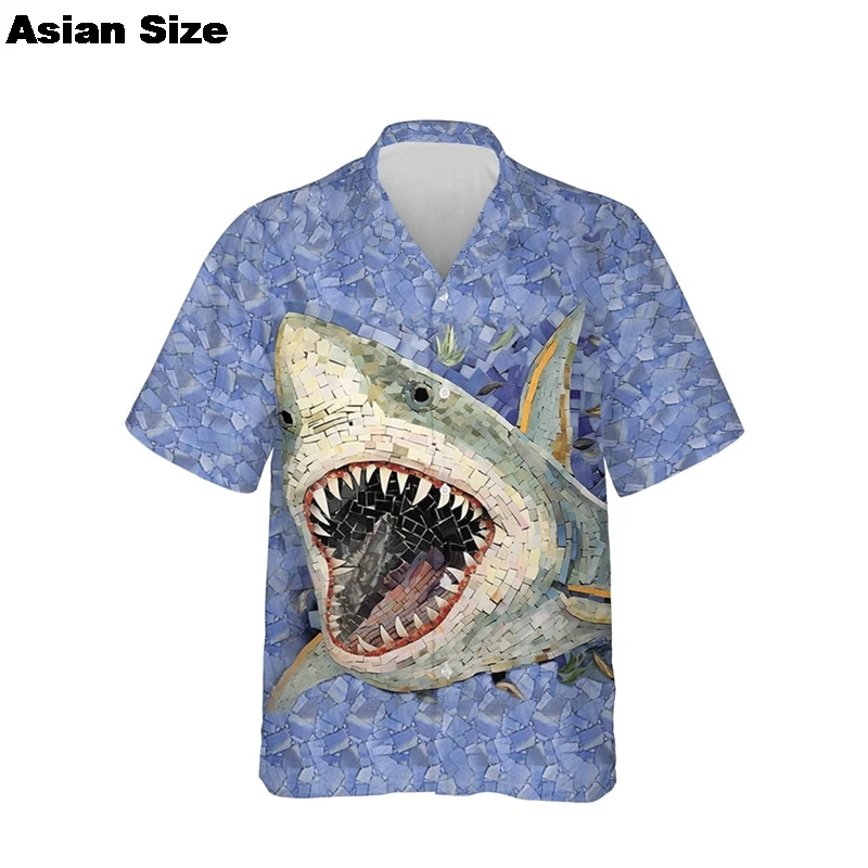 New Hawaiian Shirt For Men Kawaii Shark 3D Print Short Sleeve Lapel Blouse Beach Summer Holiday Shirts Streetwear Daily Y2k Tops