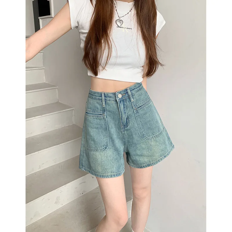 

2025 High Waist Causal Thin Denim Orts Women's Loose Straight Leg Ket A-Line Hot Pants Spring Summer Wear Cotton Stretch Fabric