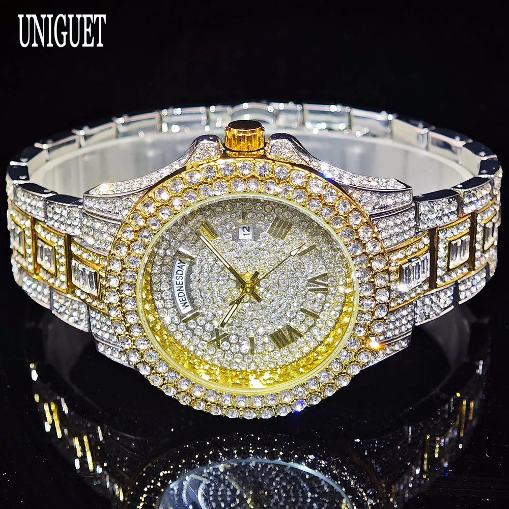 UNIGUET Full Iced Out Watch For Men Luxury Hip Hop Diamond Quartz Mens Watches Waterproof Day Date Clock Best Selling 2026