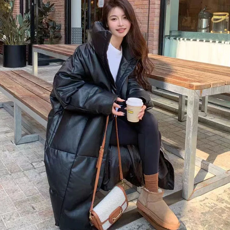 Leather Cotton Jacket Women Parkas Quilted Jacket Winter Warm Long Coat Stand Collar Korean Windproof Windbreaker Outerwear