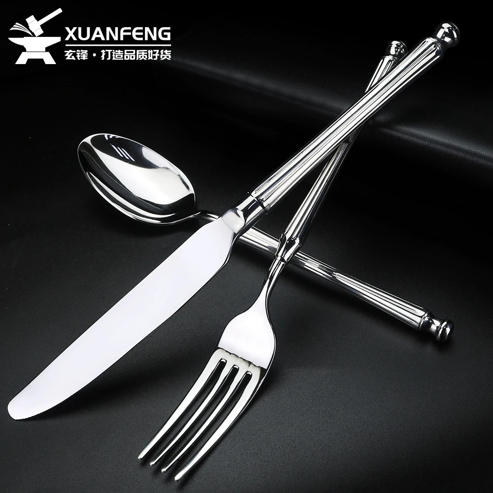 Rome column 304 stainless steel cutlery set, including knife, fork, and spoon, suitable for restaurant steak