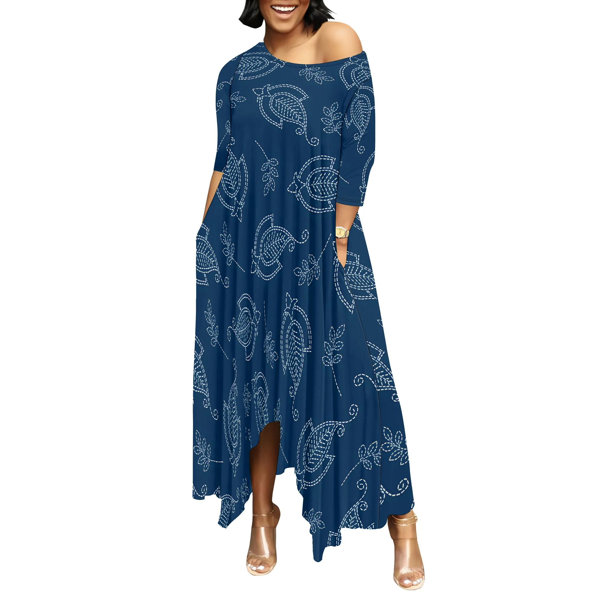 Boho Denim Blue Circle Print Maxi Dress for Women Vintage Style Loose Casual Outfit for Summer Travel