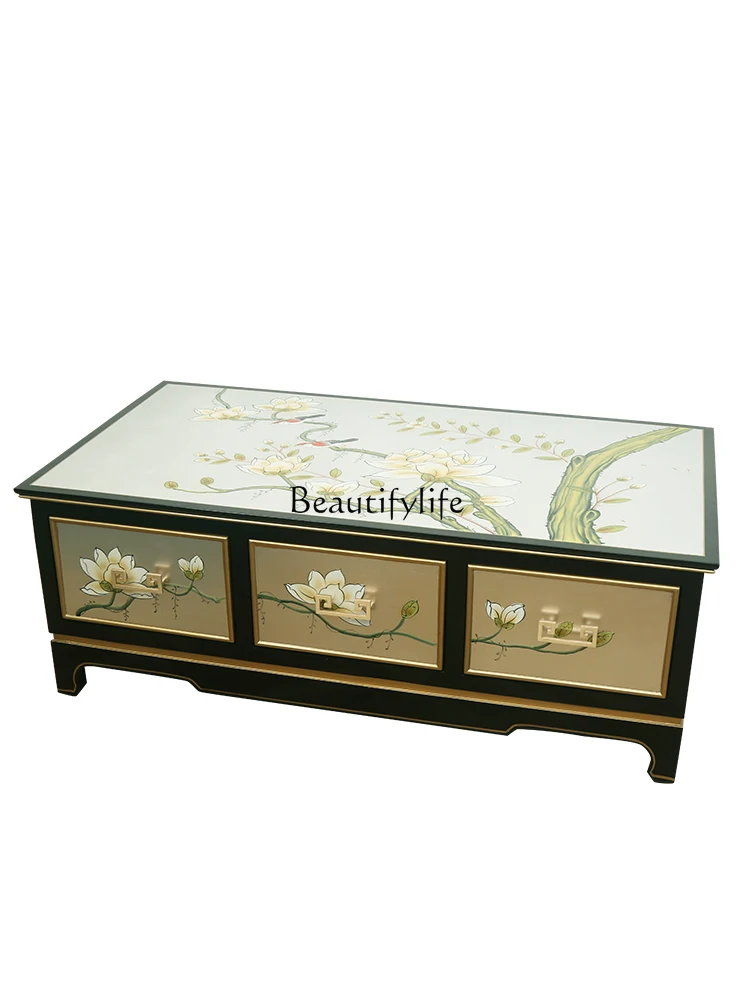 

New Chinese hand-painted rectangular solid wood coffee table living room villa storage coffee table table