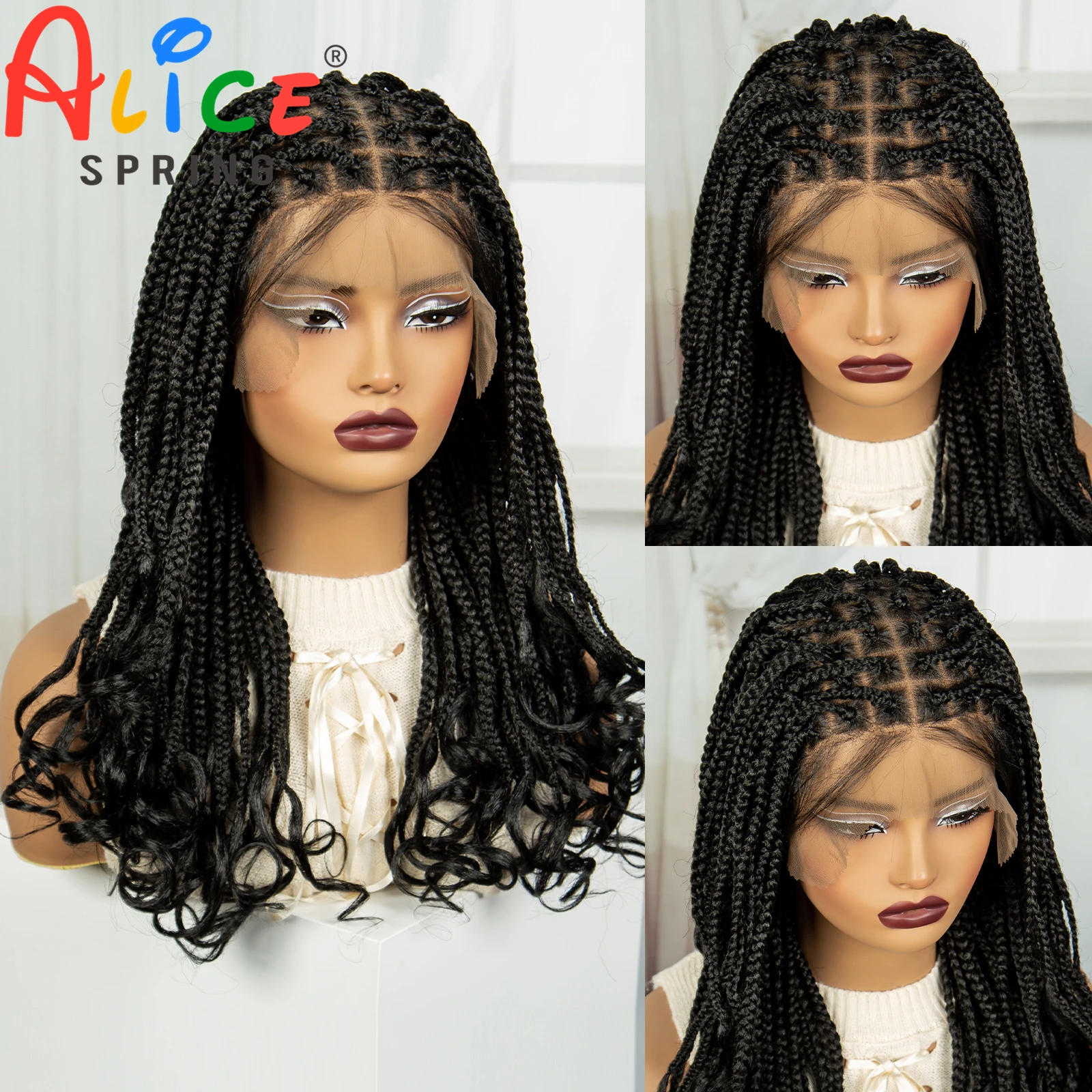 22Inch Full Lace Synthetic Braided Wigs Boho Box Braid Wig Natural Braid Wig Knotless Braided Lace Wig with Curly Ends for Woman