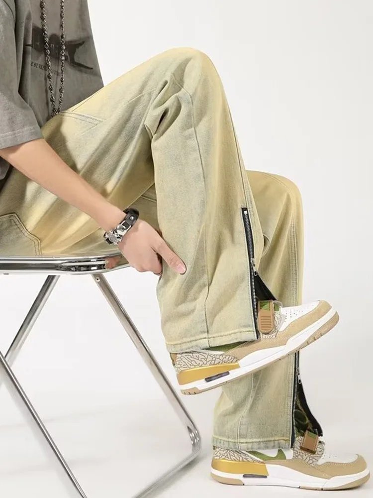 

Мужские прямые джинсы на молнии в американском стиле High Street Vibe, модные брендовые стильные прямые длинные брюки, молодежная одежда на весну и осень