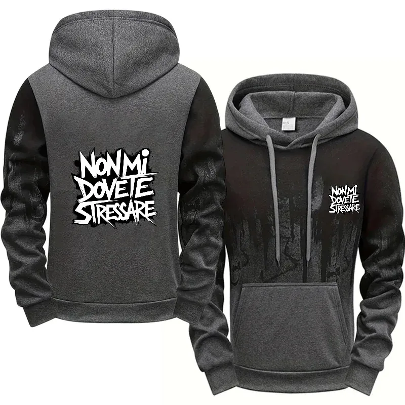 Mens Hoodie Gray Black Printed Pattern Non Mi Dovete Stressare High Quality Cotton Casual Streetwear Sweatshirt