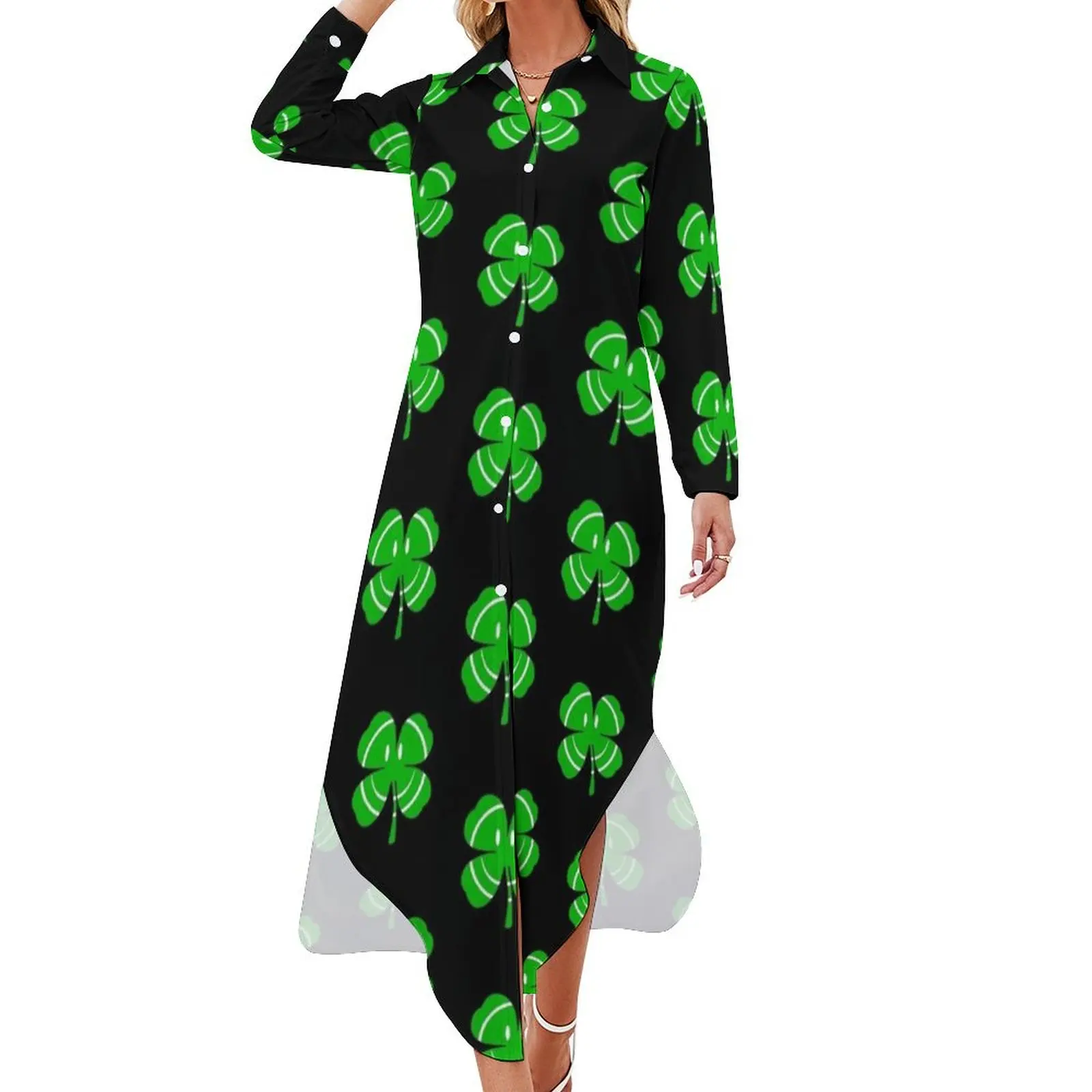 

Happy Irish Shamrock Long Sleeved Shirt Dress summer dresses Women's skirt