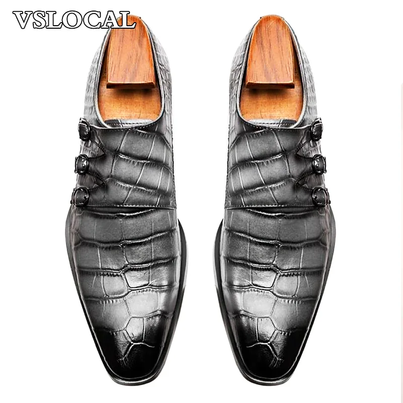 

Luxury Men Leather Shoes Slip-On Black Croco Print Three Buckle Strap Loafers Mens Dress Shoes Wedding Office Shoes Men