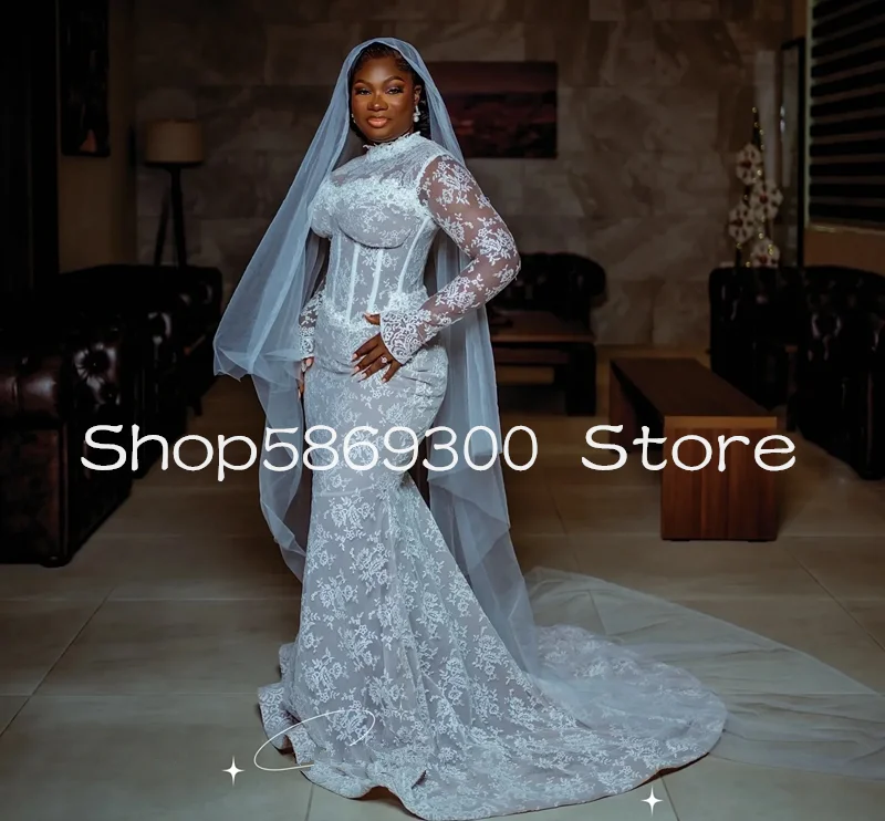 African Mermaid Wedding Dress Lace Appliques Long Sleeve High Neck Sheer Chic Plus Size Bridal Gown aso ebi Customized