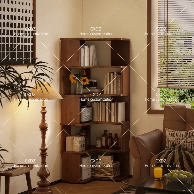 Solid Wood Corner Bookshelf Multi Layer Storage Cabinet Simple Floor Standing Shelf for Living Room Household Organization