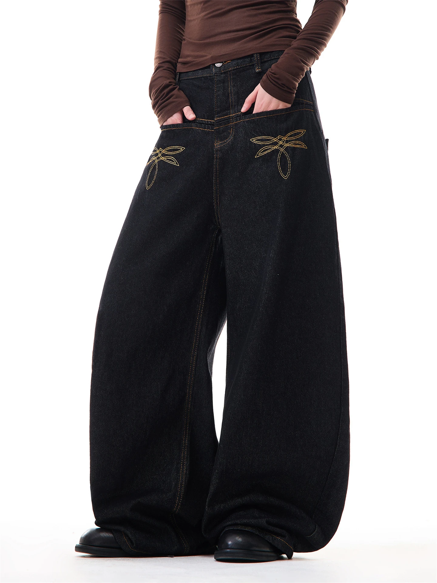 

Ретро-джинсы американского стиля с вышивкой, широкие штанины, оригинальный цвет, унисекс, износостойкий дизайн, свободные прямые драпированные брюки с широкими штанинами
