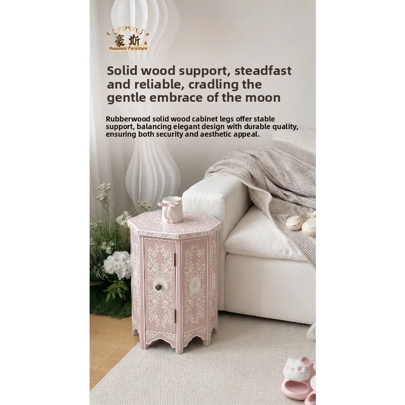Medieval cream wind pink bedside table, bedroom, single door octagonal cabinet, storage edge, retro pattern bedside side cabinet