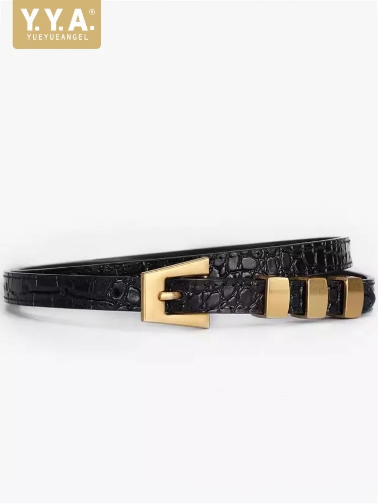 

Fashion Women Crocodile Pattern Cowhide Genuine Leather Belt Narrow Style Pin Buckle Strap For Pants Female New Waistband