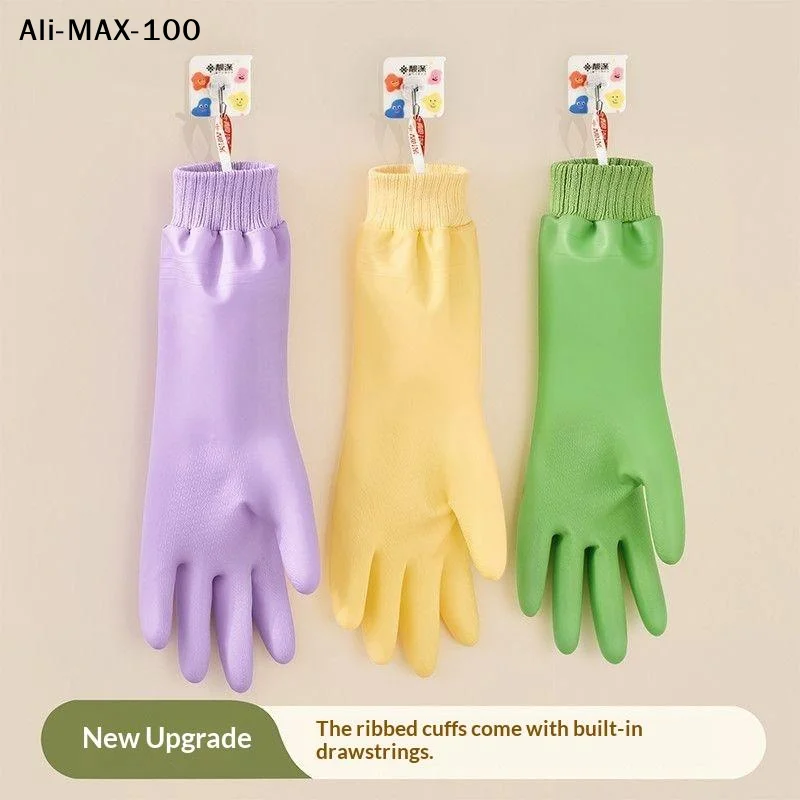【AM3】1 Pair Dishwashing Gloves Tear-resistant Warm Fleece Cleaning Gloves Thickened Threaded Sleeve Cuff Laundry Gloves
