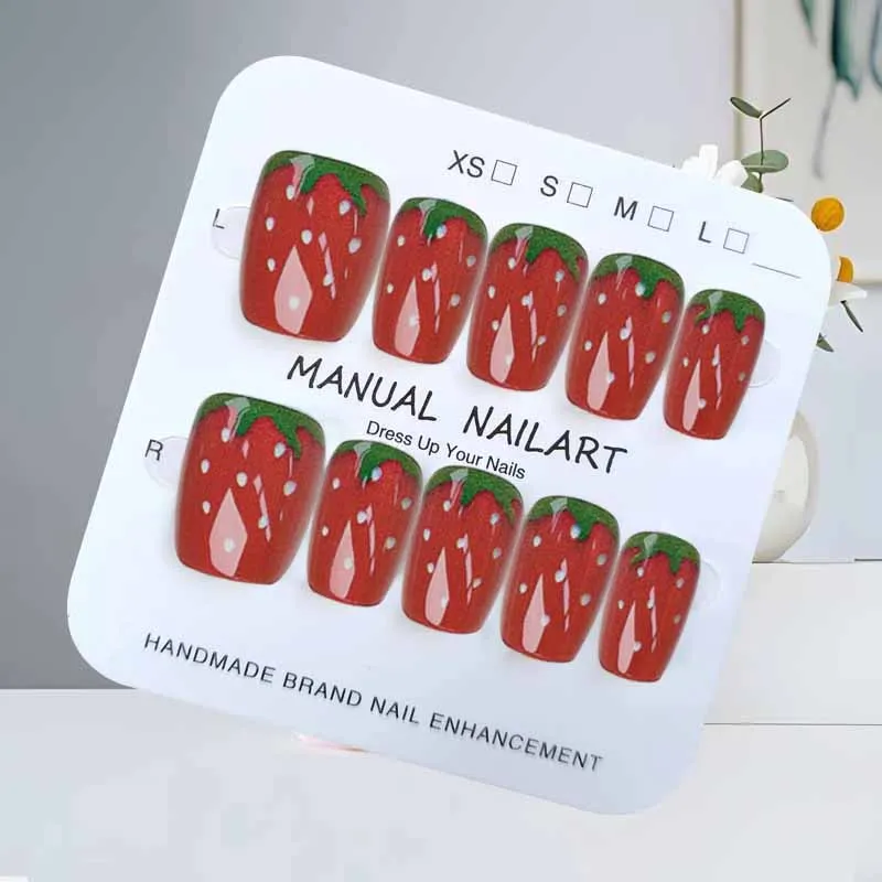10Pcs Little Fresh Strawberry Fruit Series Crystal Strawberry Cat Eye Press on Nails with Polka Dot Simplicity False Nails Patch