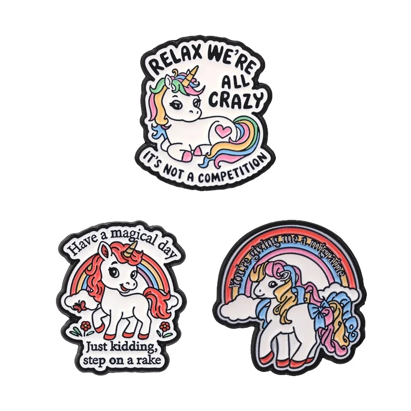 Cute Rainbow Unicorn Sarcastic Quote Badge Relax We're All Crazy It's Not A Competition Unicorn Enamel Pin Lapel Jewelry Badges