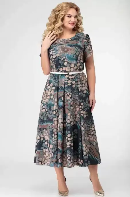 Plus size European and American oversized women\'s two-piece set with elegant heavy-duty design, printed dress with 3/4 sleeves