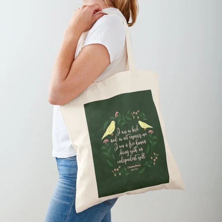 

Green Floral Bird Quote Jane Eyre Charlotte Bronte Tote Bag Women's shopper tote bag men canvas tote hand bag