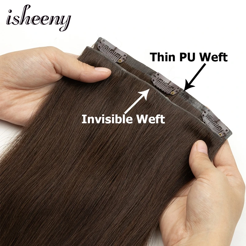 isheeny Invisible Clip In Human Hair 7pcs/set 12-24 inches Natural Straight Injected Thin PU Skin Weft Hair Weft Bundles Clip in