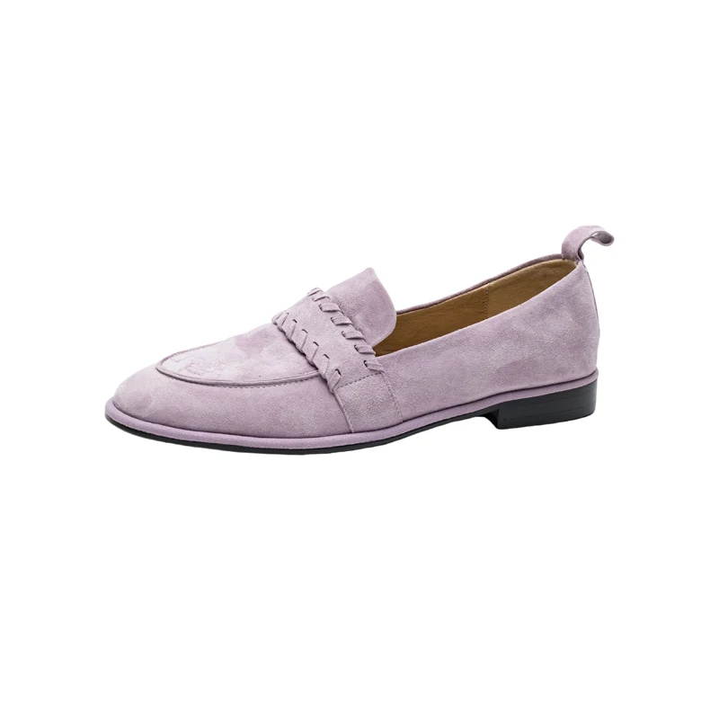 حذاء بدون كعب كاجوال للنساء من جلد الغزال بلون سادة سهل الارتداء بمقدمة مستديرة حذاء مسطح للسيدات