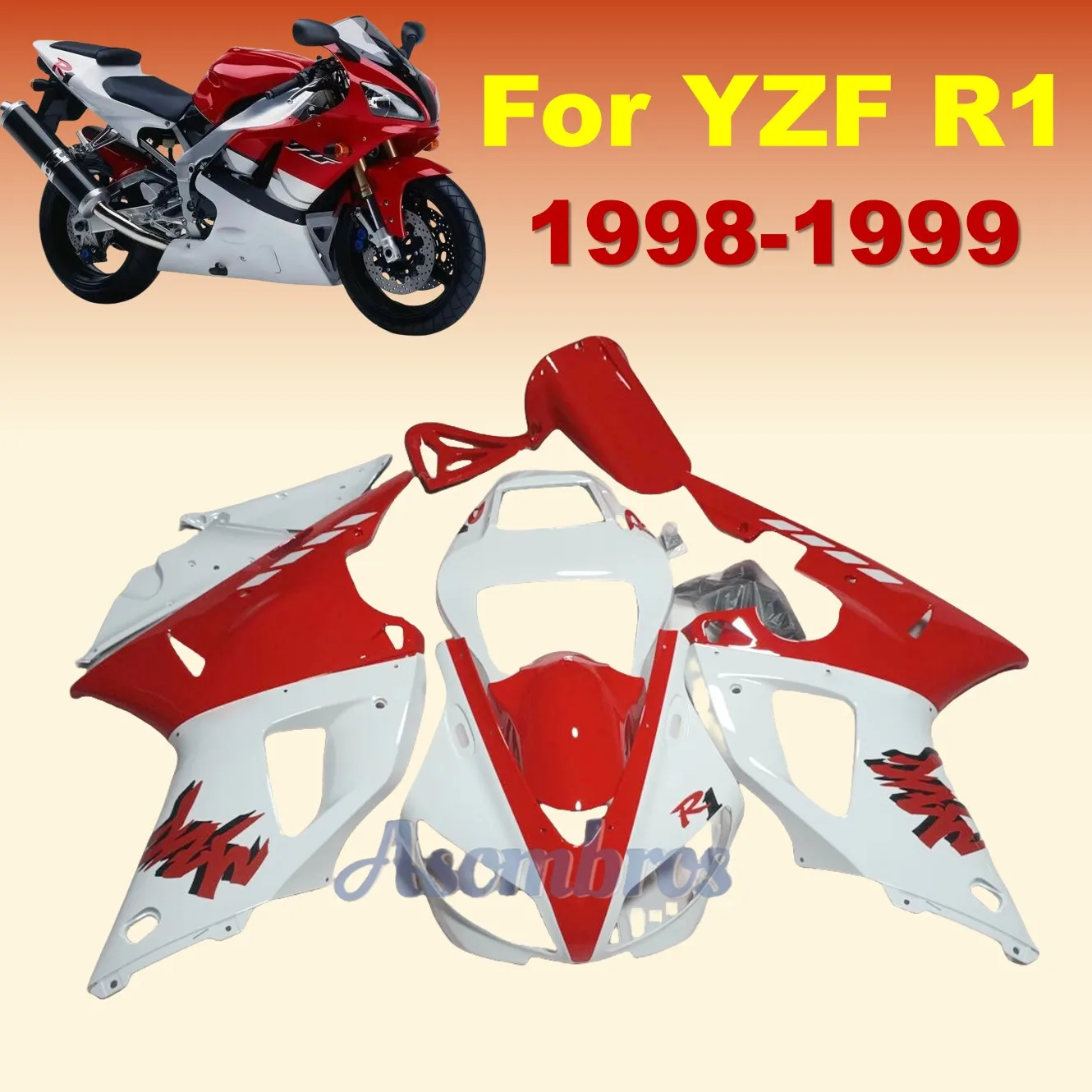 

Для Yamaha yzf1000 YZFR1 YZF R1 1998 1999 YZF-R1 98 99, полный комплект обтекателя, капот кузова, 100% красный, белый