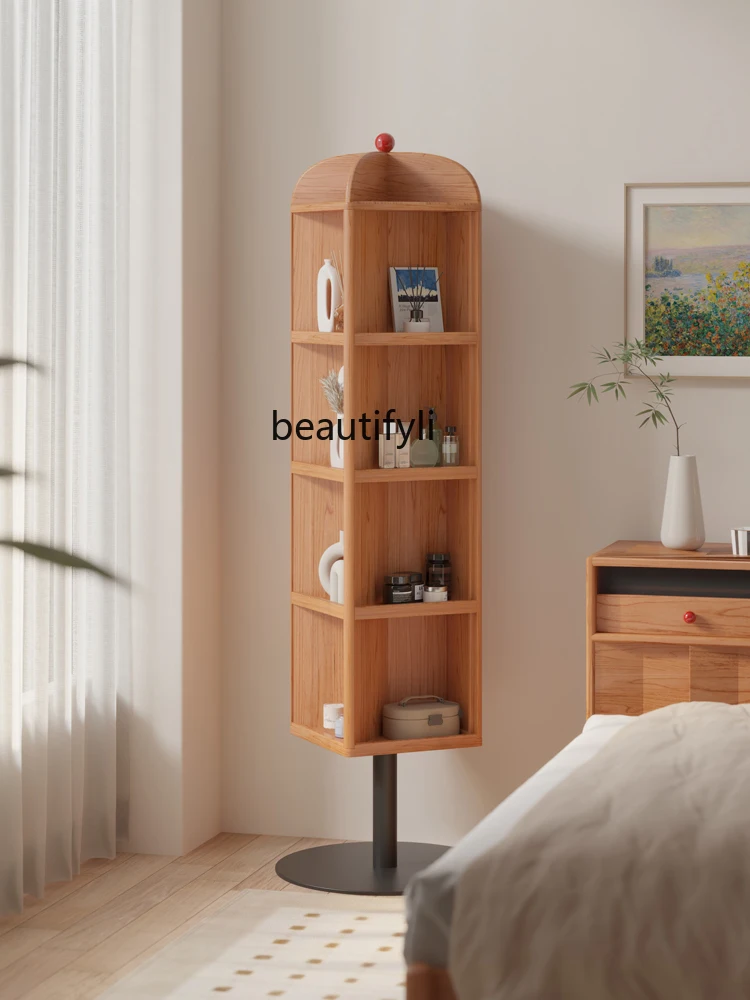 Solid Wood Rotating Storage Rack Dressing Mirror Floor Magazine Rack Bedroom Cabinet Mirror Dressing Mirror