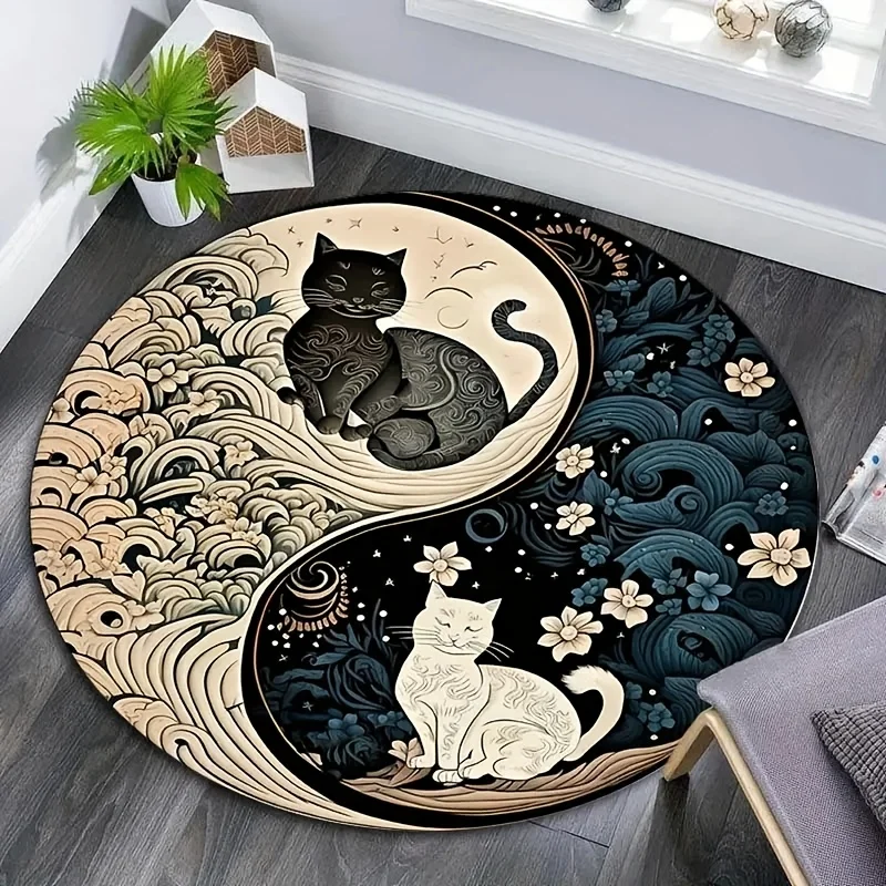 VIKAMA Yin Yang Cat Design Round Mat Living Room Carpet Sofa Floor Mat Chair Mat Game Room Carpet Home Decor Welcome Rugs Bedroo