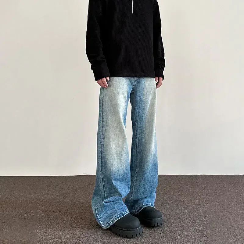 

Men Jeans Floor Length Pants Denim Pant Loose Casual Straight Trousers Splice High Waist Button Zipper Regular Simple Autumn