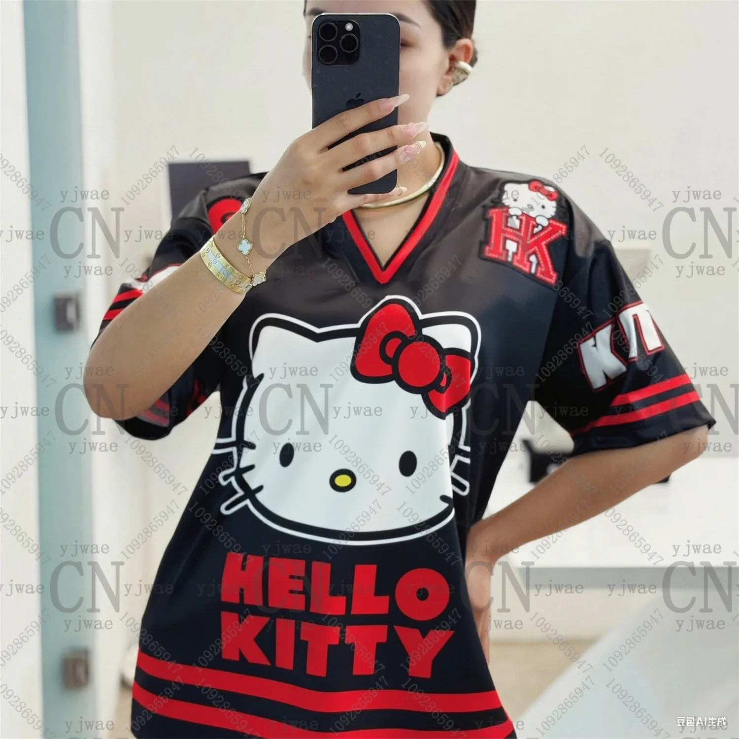 مرحبا كيتي الكرتون الجرافيك تي شيرت مطبوع لطيف وعصري كرة القدم ملابس رياضية فضفاضة عطلة عادية تي شيرت المرأة عادية تي شيرت #4