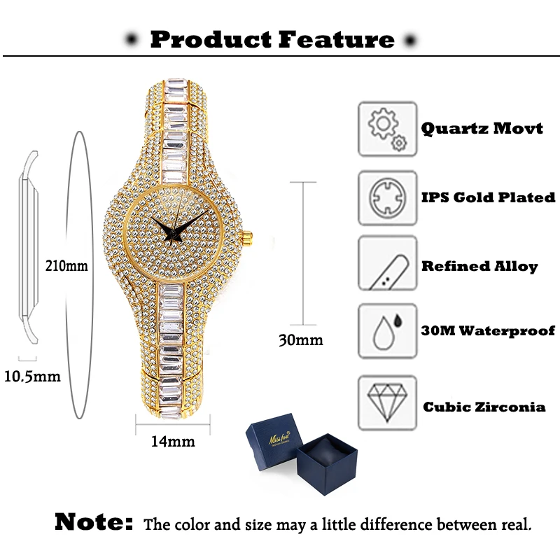 MISSFOX Baguette Diamond Women Watches Luxury Ladies Gold Wristwatch Shockproof Waterproof Small Womens Watch For Female Clock