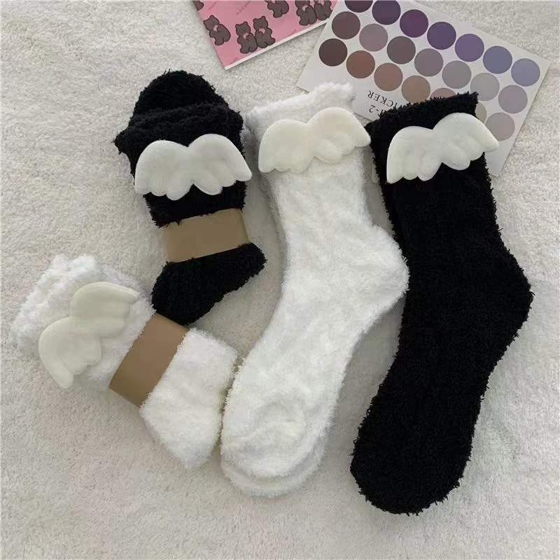 2Pairs Soft Breathable Middle Tube Socks Cotton Long Socks High Quality Stocking For Girls Women Thick Winged Socks Gifts