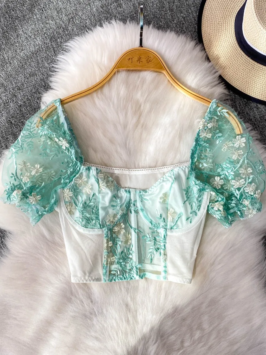

Foamlina Square Neck Puff Sleeve Fishbone Top Women 2025 New Pure Desire Sexy Mesh Embroidery Slim Fit Short Shirt Crop Top