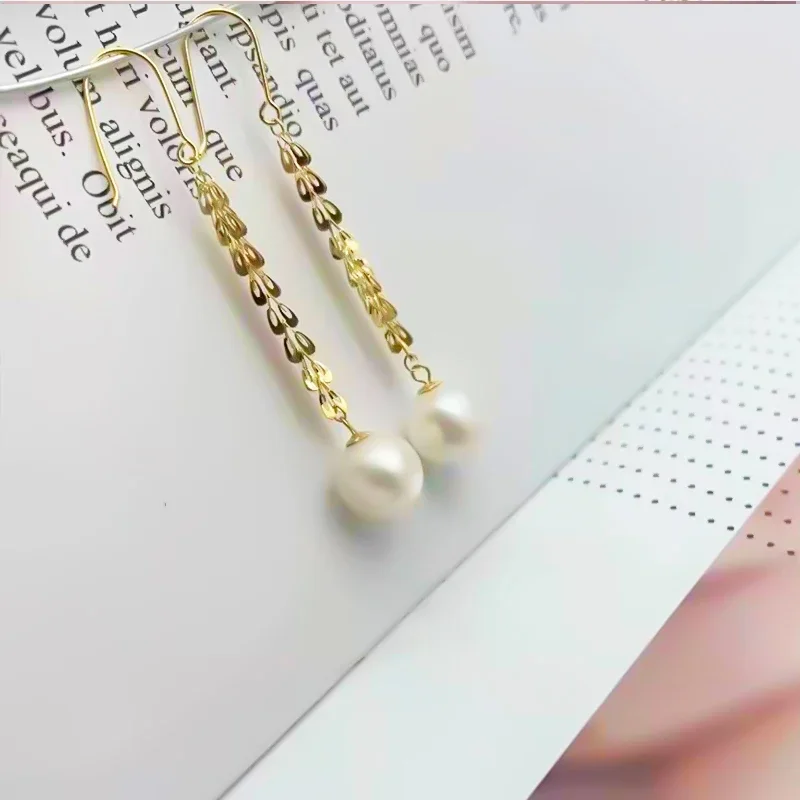 

Real 18K Gold Natural Freshwater Pearl Drop Earrings Pure AU750 Phoenix Tail Chain Earring Hooks Fine Jewelry for Women