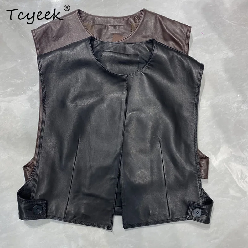 Tcyeek Genuine Leather Sheepskin Vest Women Spring Autumn Clothes High End Sleeveless Jacket Short Black Coffee Womens Vests