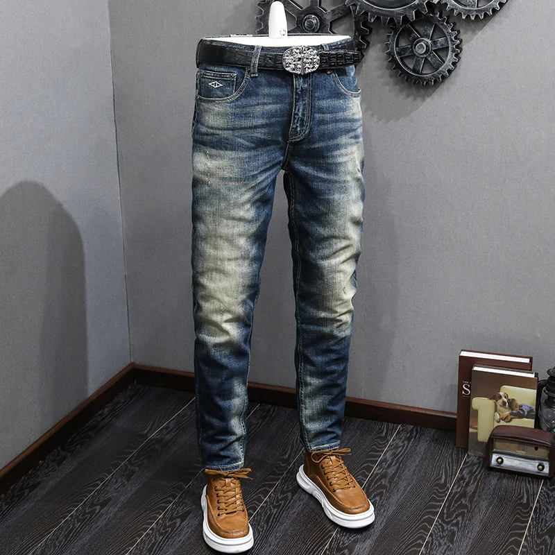 Newly Vintage Fashion Men Jeans Retro Blue Elastic Slim Fit Ripped Jeans Men High Quality Trousers Casual Designer Pants Hombre