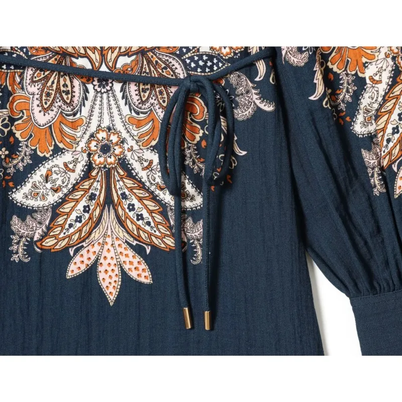 เดรสลายพิมพ์สำหรับผู้หญิง ฤดูใบไม้ผลิ/ฤดูร้อน ความยาวปานกลาง พร้อมเข็มขัด สไตล์ลำลอง คอทรงโอ แขนยาว วินเทจ ชิค สวยสง่า