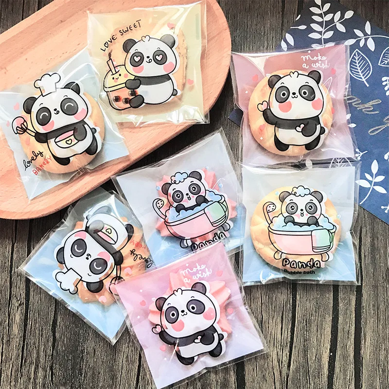 100 unids/lote Panda cuatro en uno pastel regalo OPP bolsas de plástico autoadhesivas dulces galletas bolsas de embalaje suministros para fiesta de bebé