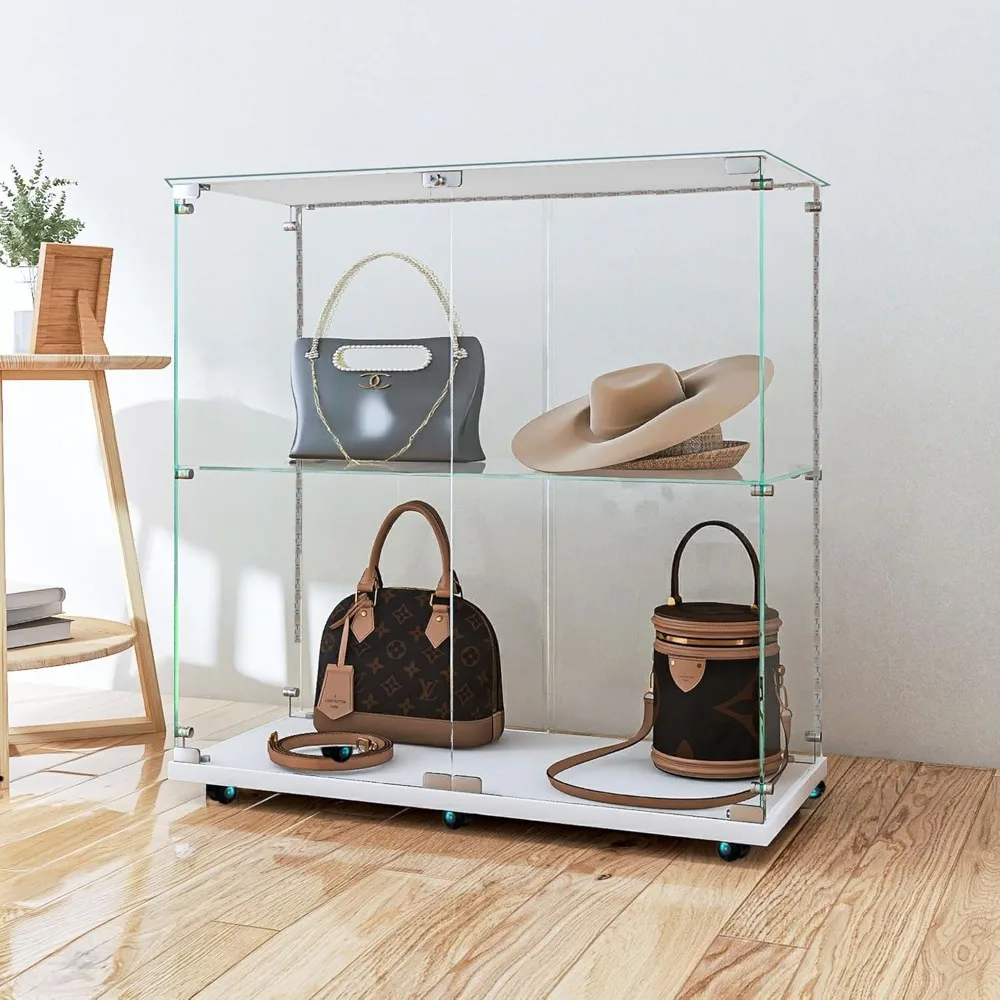 Modern Rolling Glass Curio Cabinet with LED Lights, 2 Doors, 2 Shelves, Lockable, 34.17 High