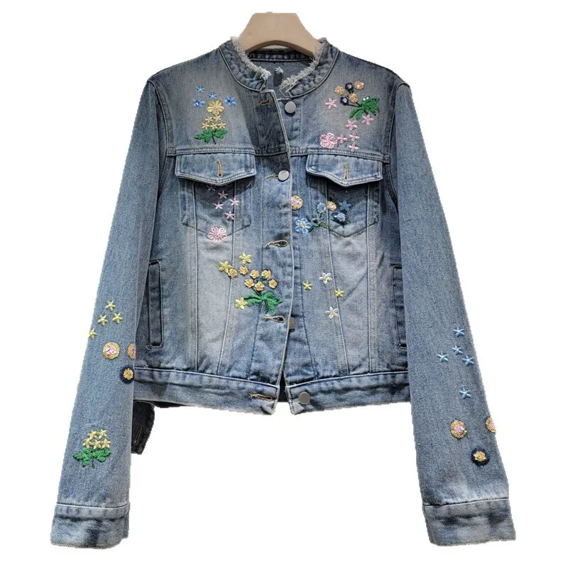 ANJY ฤดูใบไม้ร่วงใหม่ผู้หญิง DENIM แจ็คเก็ตเย็บปักถักร้อยกระเป๋าเดี่ยวคอยาวแขนยาว Elegant Stylish Casual Coat A9742