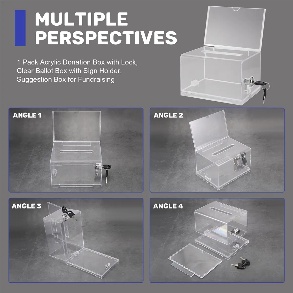 

A89X 1 Pack Acrylic Donation Box with Lock, Clear Ballot Box with Sign Holder, Suggestion Box for Fundraising