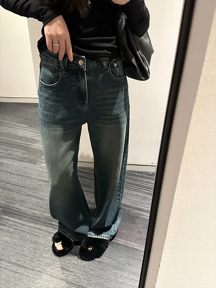 Bla Beans H Humming Jeans Azules Vintage de Pierna Recta para Mujer, Pantalones Largos Holgados y Desgastados de Otoño-Invierno, Estilo Casual de Pierna Ancha