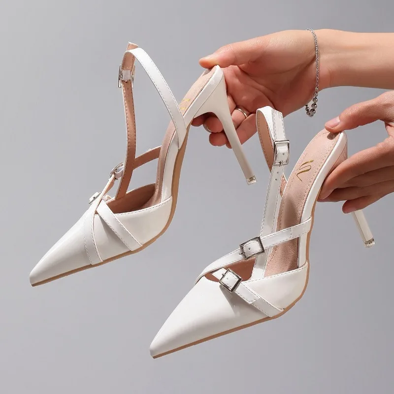 الصيف مثير براءات الاختراع والجلود أشار تو صندل كعب عالٍ المرأة أنيقة ضيق الفرقة مشبك تصميم أحذية خفيفة خنجر الصنادل #3